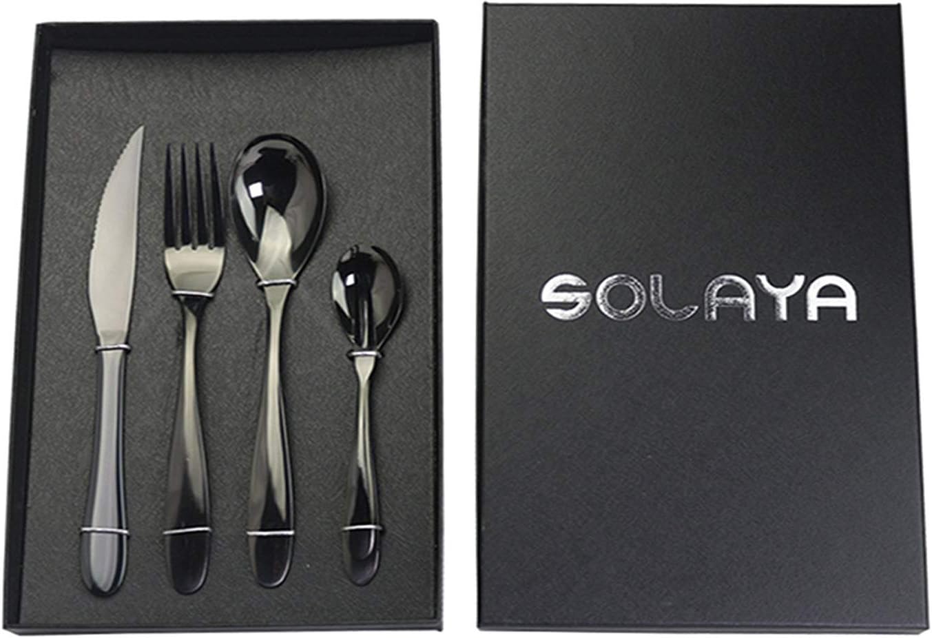 Black Flatware Set โ 5 PCs Stainless Steel Silverware Set With Luxurious Mirror Finish โDinner & Tea Spoon, Steak Knife, Dinner & Dessert Fork โ Premium Cutlery Set For Gift, Home & Restaurant Use