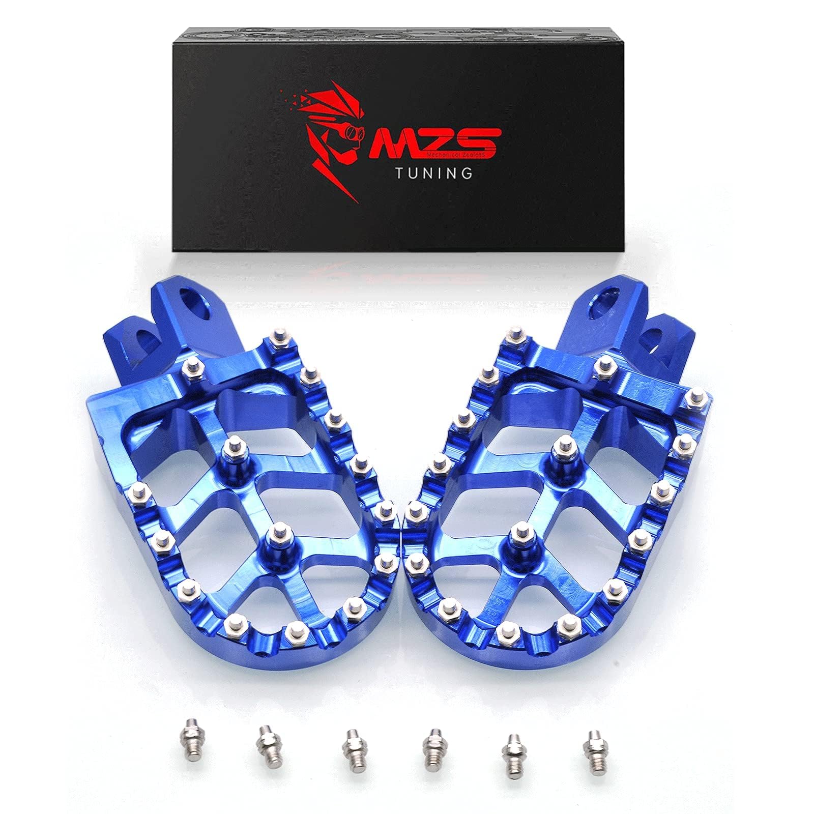 MZS Dirt Bike Foot Pegs, Blue Aluminum Non-Slip Skeleton Grid Wide Pedals