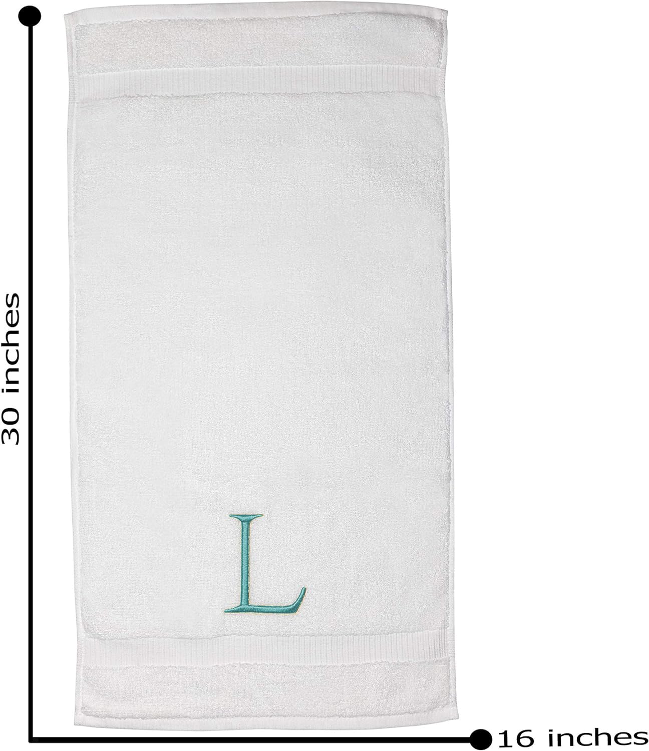 Toalla de mano de baño verde azulado y blanco, con monograma, toalla bordada decorativa de calidad de hotel para tocador, spa, certificado GOTS orgánico, juego de 2 letras L