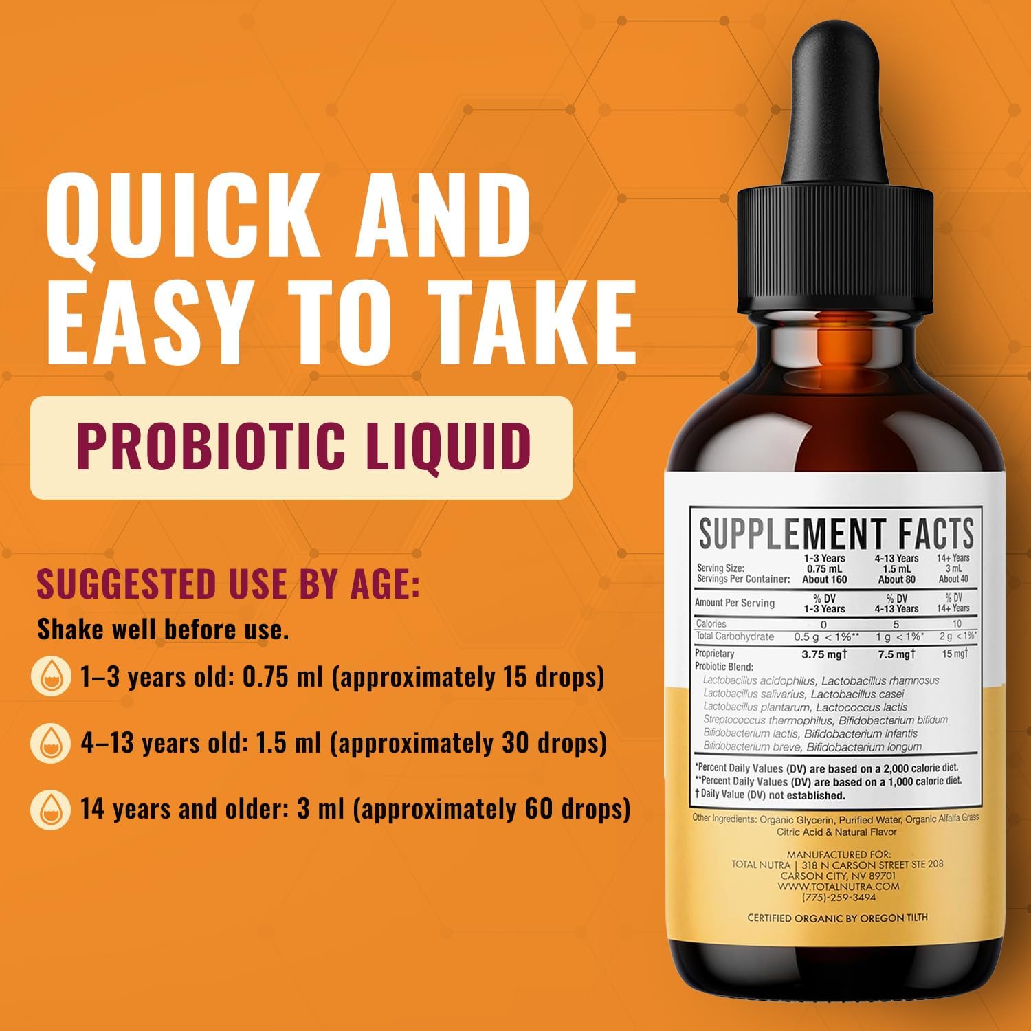 USDA Organic Liquid Probiotic for Kids, Women & Men, Toddler Probiotic Drops with Alfalfa Prebiotic Blend + Acidophilus for Gut Health, Vegan, Non-GMO, Dairy, Gluten & Sugar Free