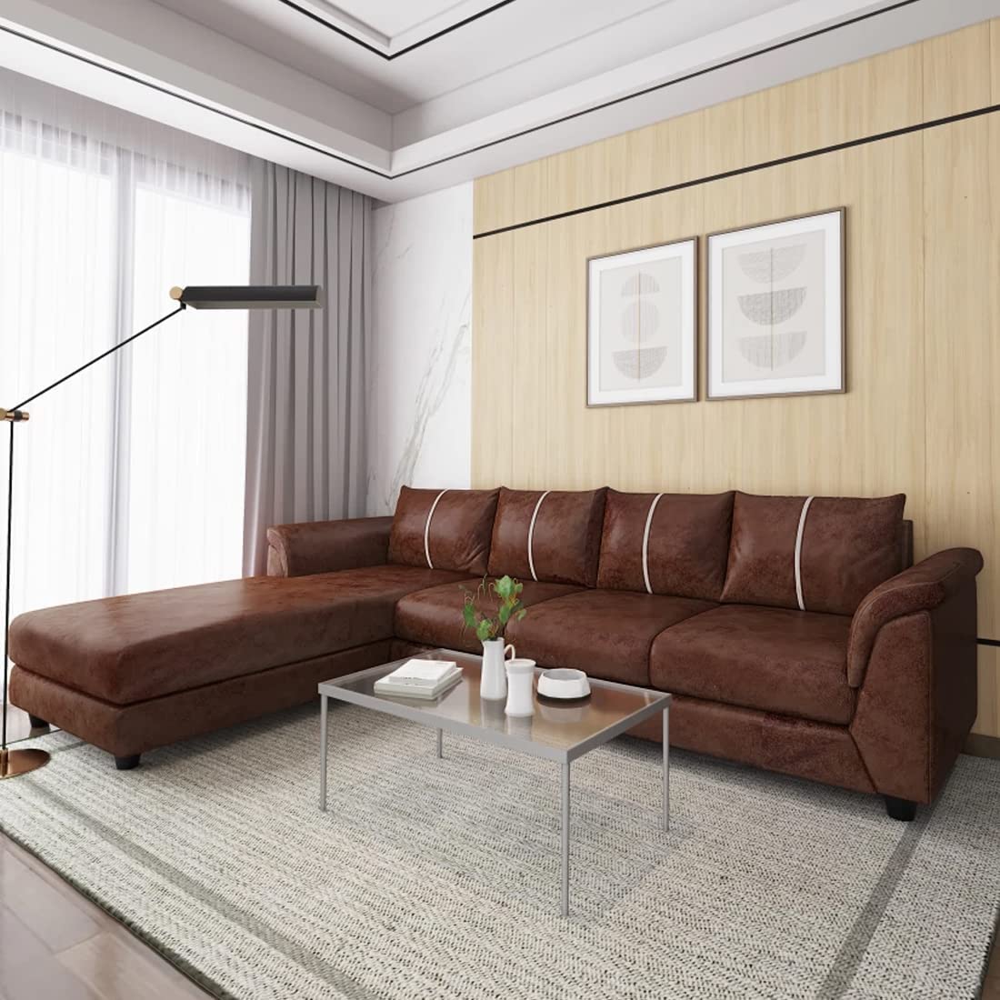 FURNY Corella 5 Seater Leatherette LHS L Shape Sofa Set (Brown)