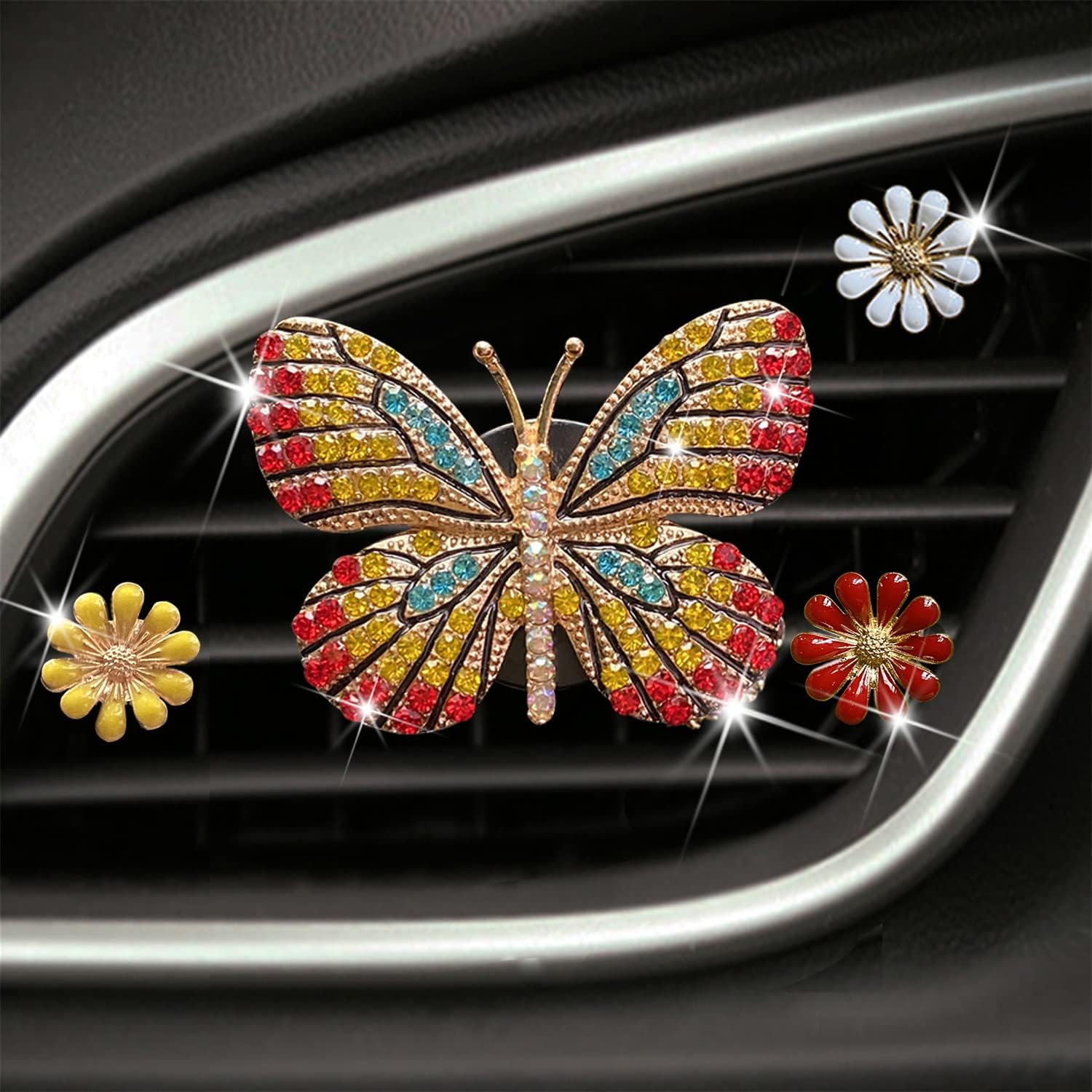Gold Butterfly Bling Butterfly Car Clip Decor, Cute Car Vent Clips - Rhinestone Air Freshener Set with 3 Daisy Flowers