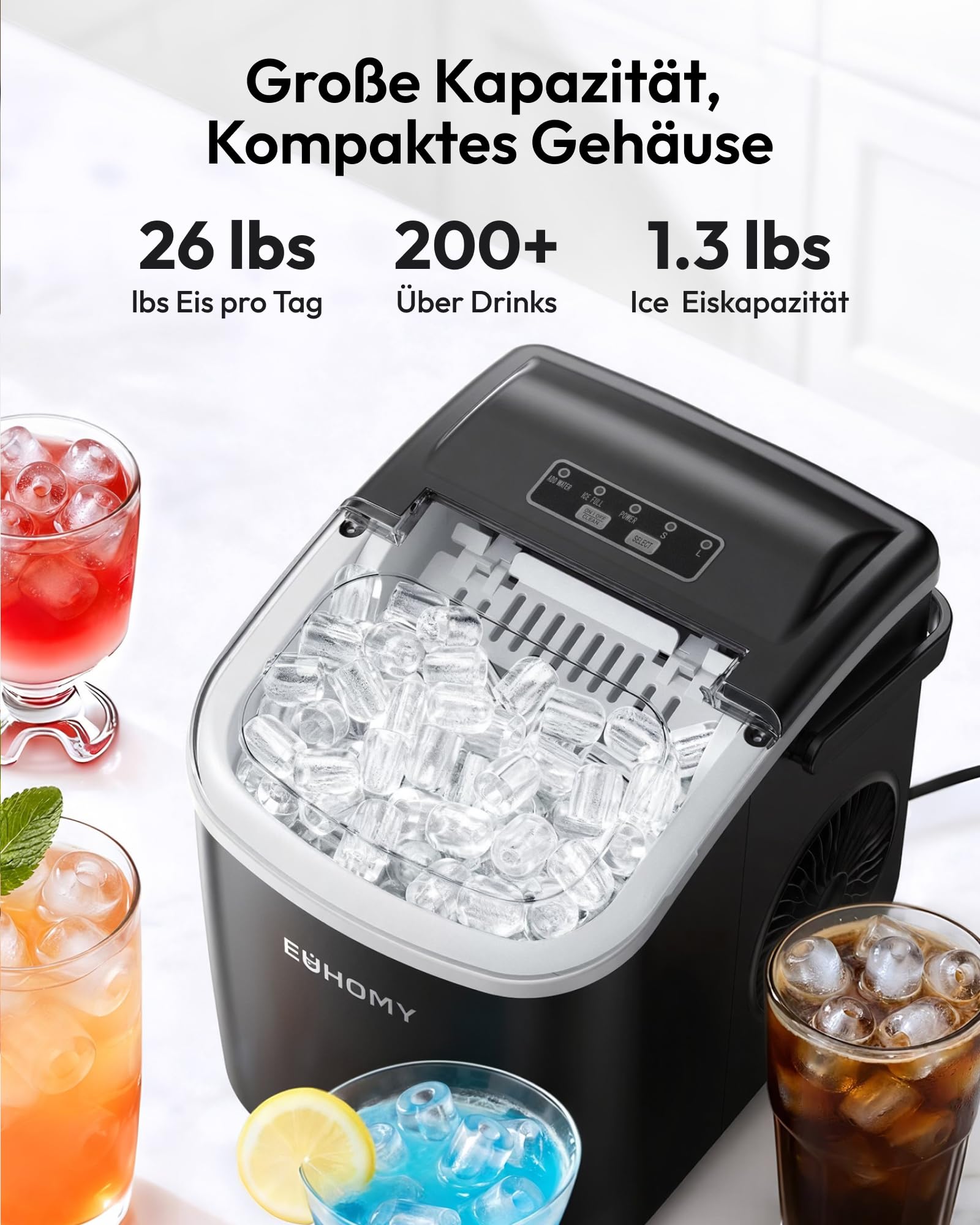EUHOMY Eiswürfelmaschine 12KG Ice Maker Selbstreinigend Schwarz Tragbarer Griff