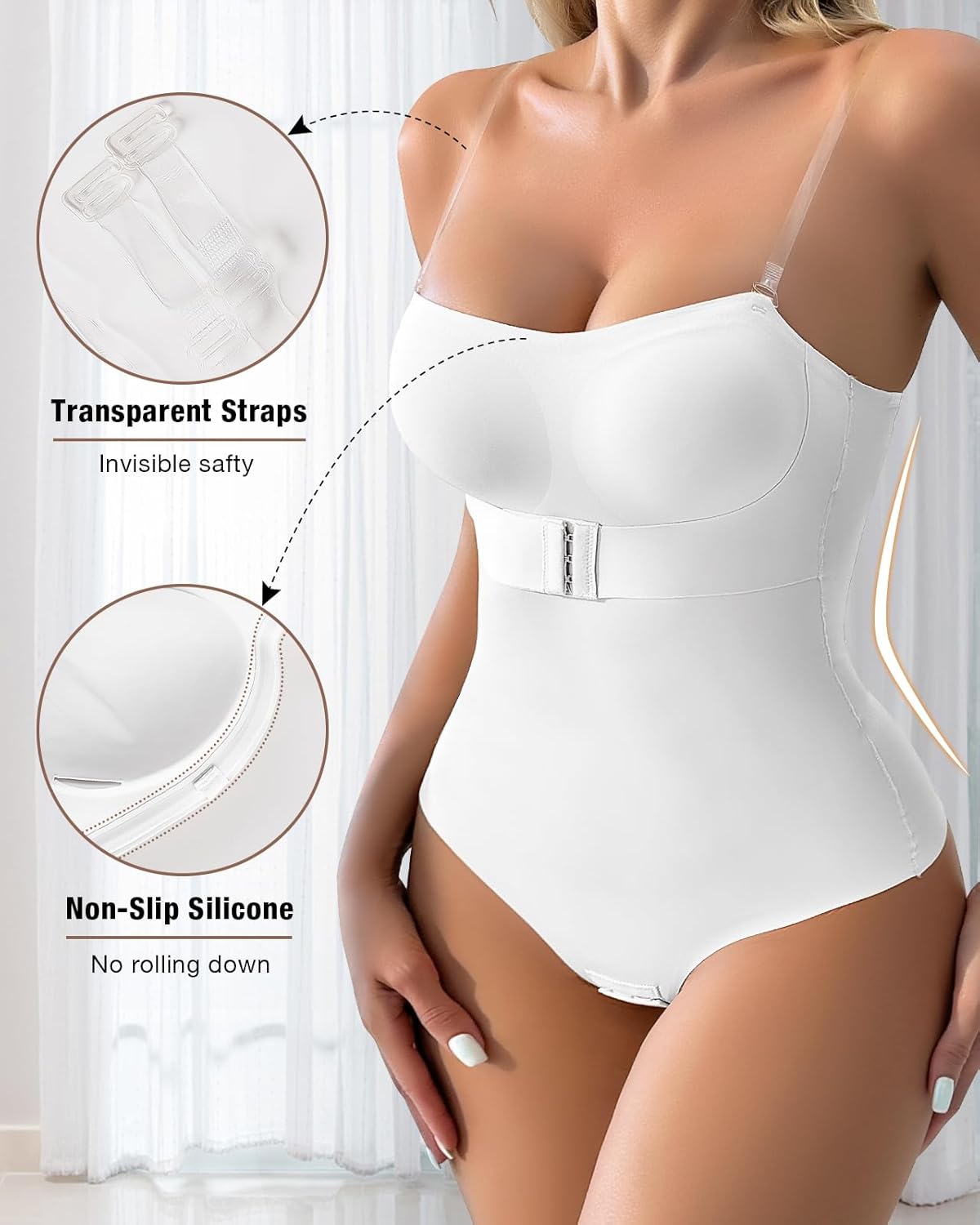 Shapewear Bodysuit Tummy Control Strapless Bra Shapewear for Women Strapless Faja Body Shaper Thong Light Shapewear White M - Image 3