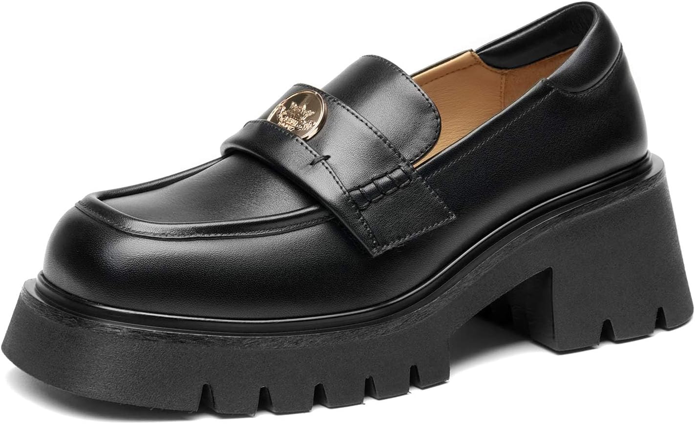 BEAU TODAY Chunky Loafers Women,Patent Leather Platform Loafers for Women,Lug Sole Slip On Penny Shoes,Comfortable Work Office Business Casual Dress Shoes