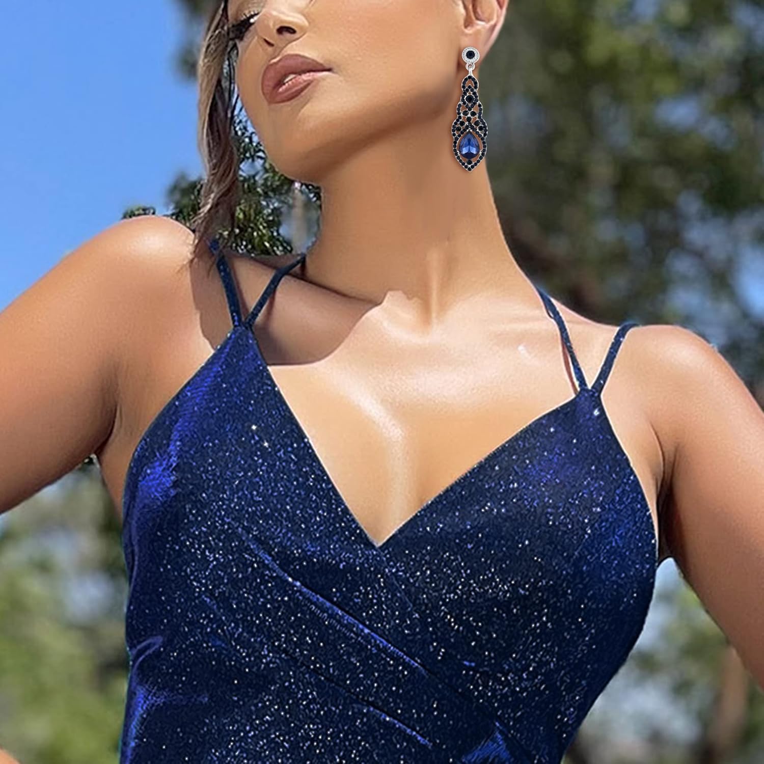 BriLove Women's Wedding Bridal Crystal Art Deco Teardrop Hollow Chandelier Dangle Earrings - Image 2