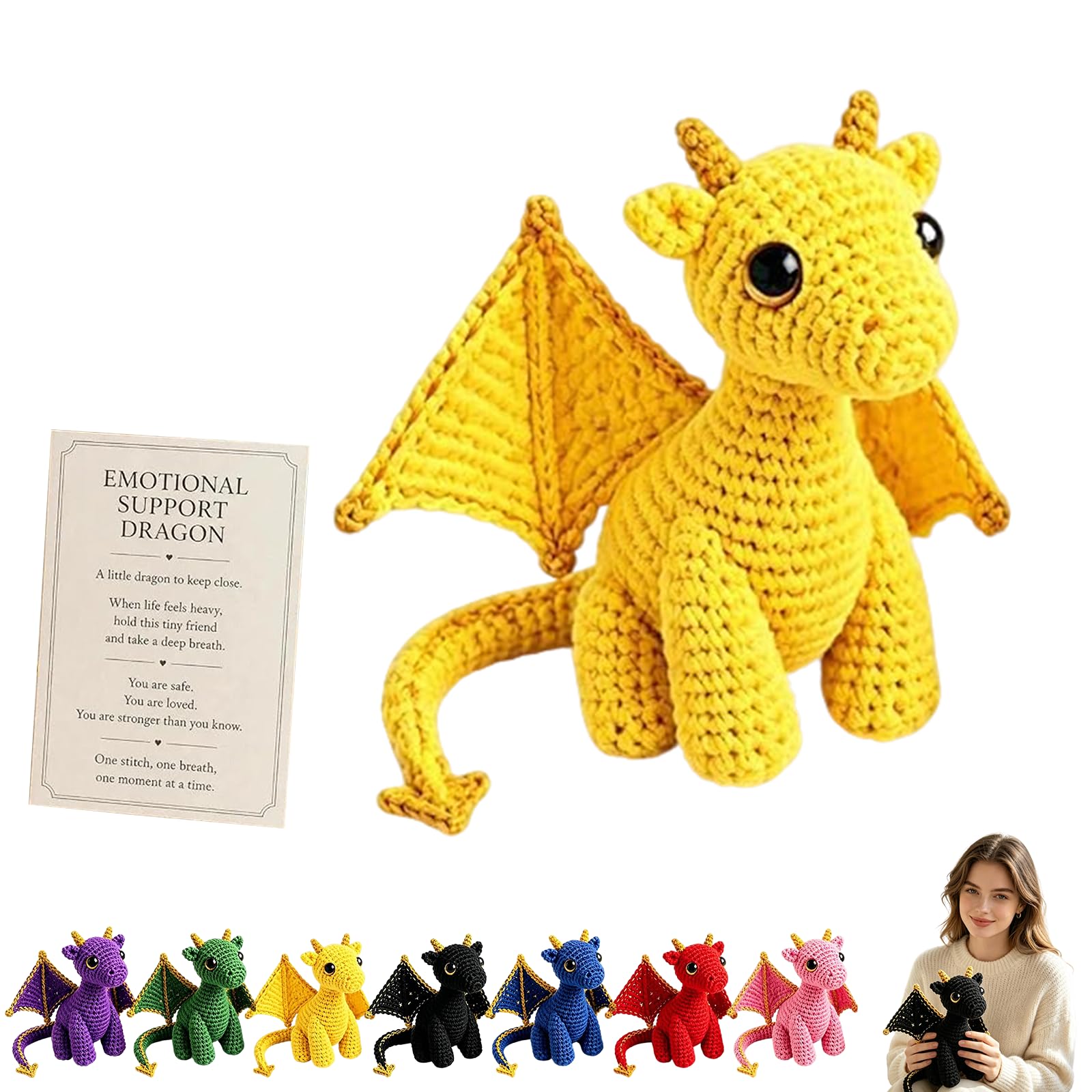 Emotional Support Dragon Pocket Buddy, Inspirational Crochet Animals Stress Relief Gifts,Handmade Knitted Wing Dragon Desk Keepsake with Motivational Cards，E