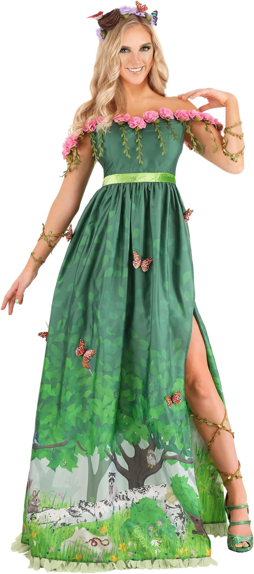Mother Nature Costume for Women with Dress, Metal Headband, Arm & Leg Ties - Earth Goddess Halloween Outfit for Adults