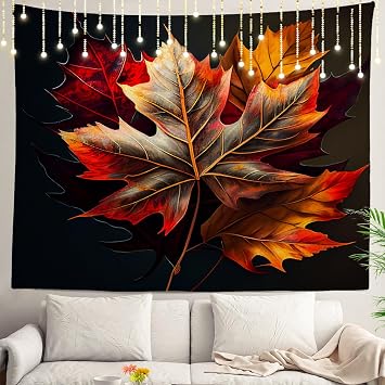 Shrahala Autumn Maple Leaves Wall Tapestry, Flaming Red Leaves Black Background Wall Hanging Large Tapestry Decoration Polyester Fiber White Hem Around for Dorm Room Bedroom 39.1 x 59.1 in