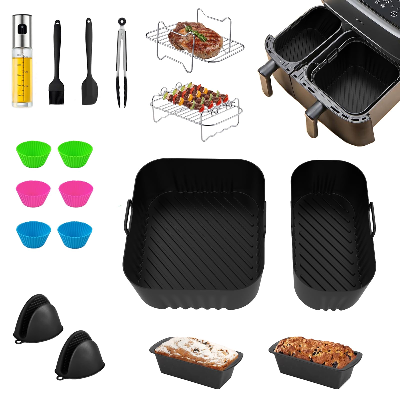 Heißluftfritteuse Zubehör für Philips Dual Basket Airfryer 3000-5000 Serie (6L/3L), Airfryer Silikonform Zubehör Set - Grillrost, Kuchen Brotform, Küchenzange, Ölspray für Philips Airfryer Dual Basket