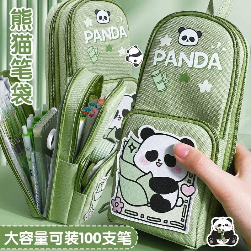 Image of DEOXY Green Panda Pencil Case 6 Layer with 3 Compartment Cute Aesthetic Pencil Case for Boys & Girls Large Capacity Pencil Pouch for School Kids Cute Stationary Gift Organizer for School