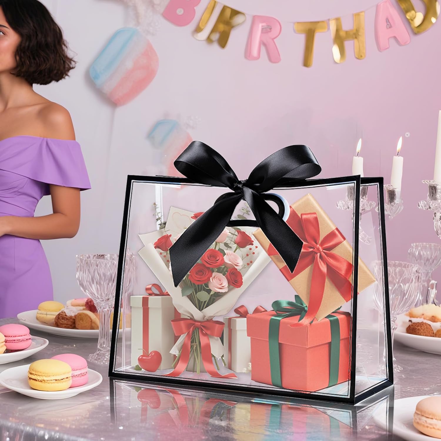 Gdotmely 12 Pcs Clear Plastic Gift Bags with Die Cut Handles,Reusable Party Favor Bags with Ribbons, Clear Gift Bag for Wedding Bridal Baby Shower Birthday Party Business, 12 x 10 x 5''(Black) - Image 4