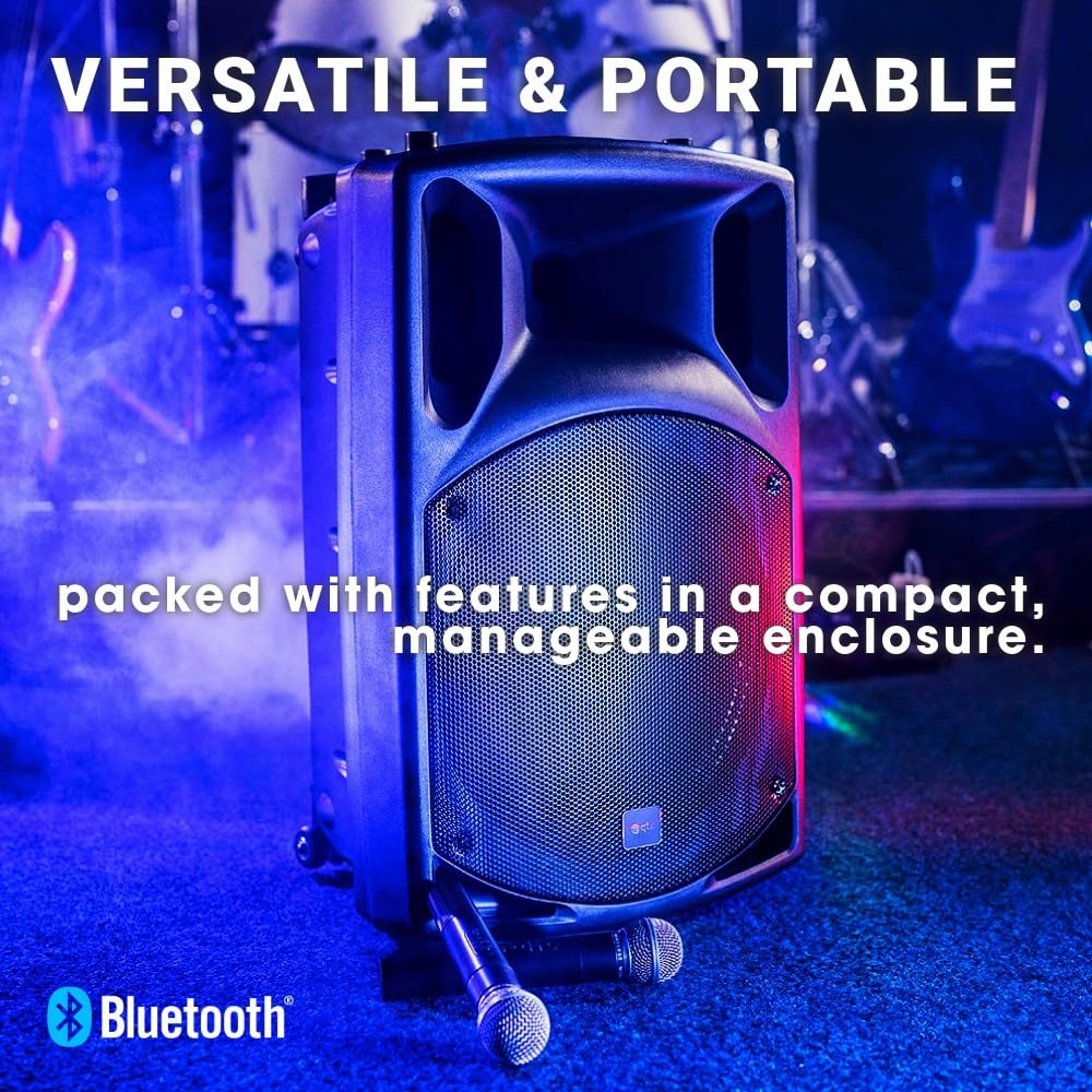 QTX Système de sonorisation portable complet QX15PA | 2 microphones sans fil et lecteur multimédia avec connectivité USB/SD/FM et Bluetooth