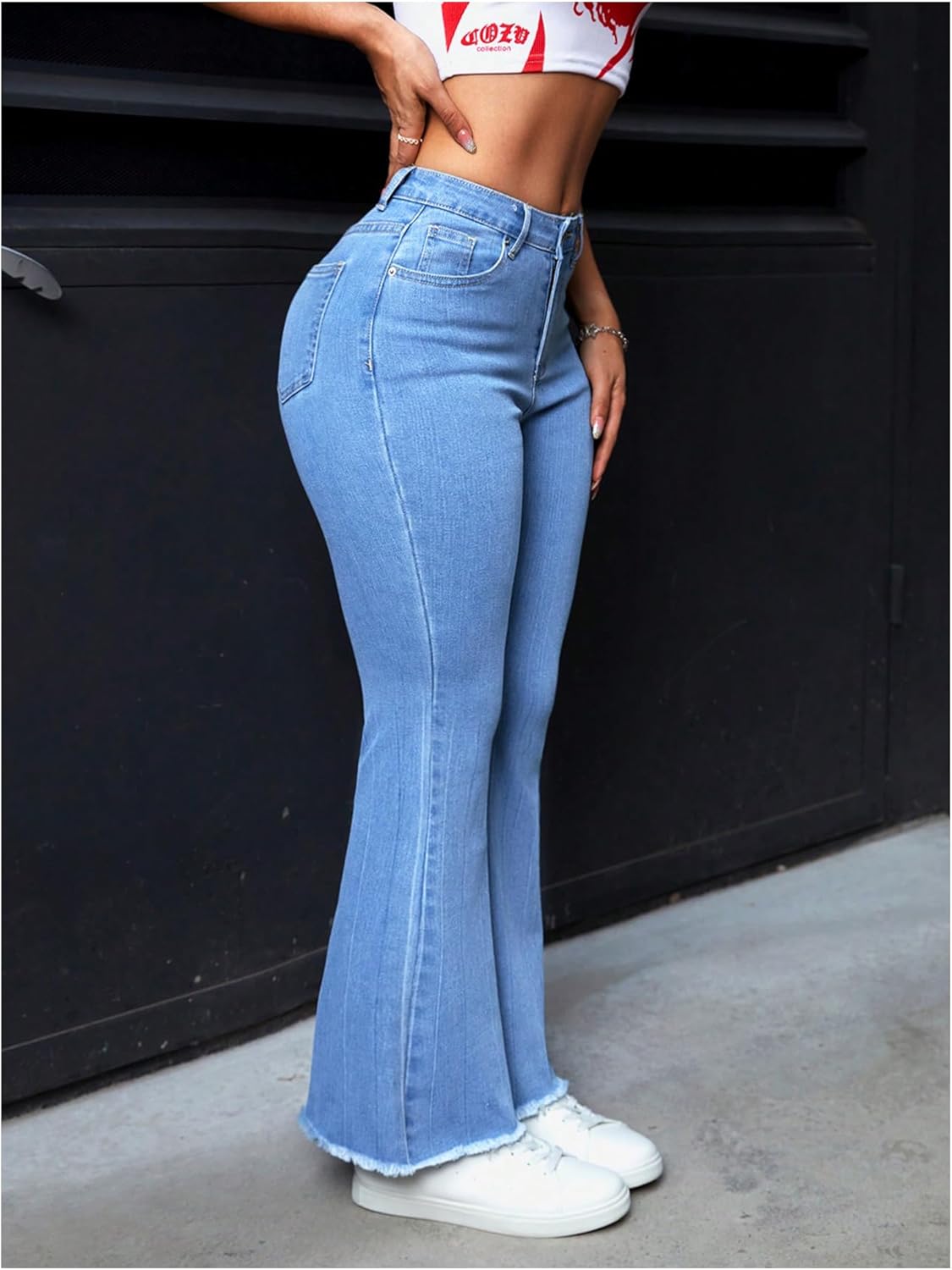 WDIRARA Women's High Waisted Flare Jeans Stretchy Raw Hem Bootcut Denim Pants