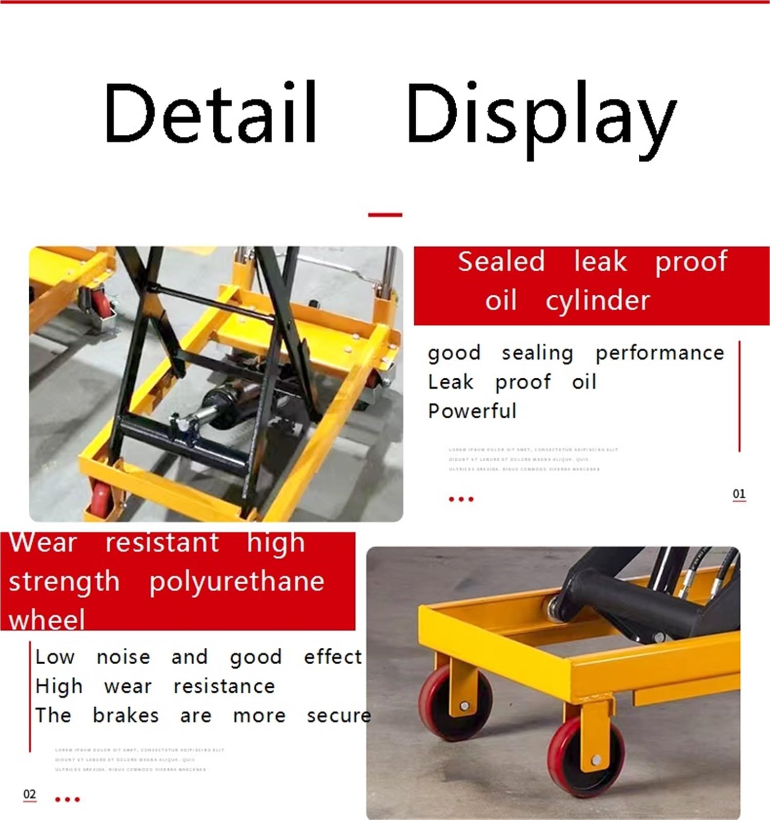Hydrauliczny wózek widłowy z 4 kółkami i antypoślizgową podkładką do transportu materiałów żółtych (150 kg)
