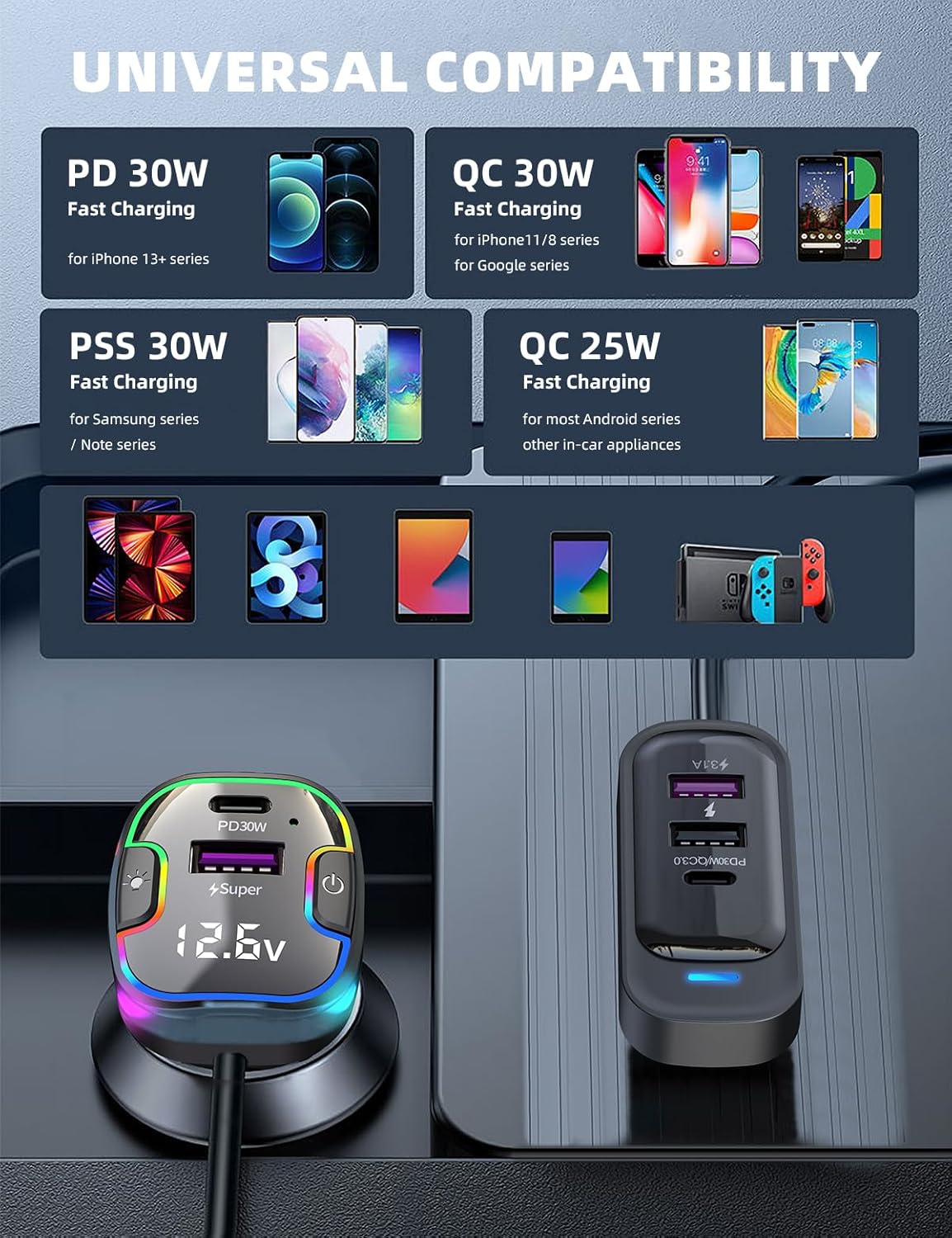 USB C Multi Port Fast Car Charger, PD30W/QC3.0 120W Cigarette Lighter Charger with /5ft Cable Compatible with iPhone 16/15 Pro - Image 3