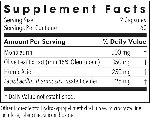 Miniatura 2 de Allergy Research Group - Complejo húmico-monolaurina - con hoja de olivo, apoyo inmunológico - 120 cápsulas vegetarianas