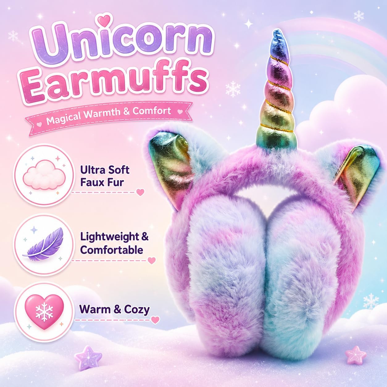 Cute Rainbow Unicorn Earmuffs for Kids Girls, Foldable Warm Soft Plush Outdoor Winter Ear Warmers Age 7-15 Years
