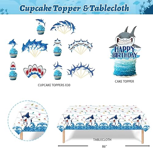 Miniatura 5 de 124 decoraciones de cumpleaños de tiburón, decoración de fiesta temática de tiburón océano azul Hombae telón de fondo, guirnalda de globos,