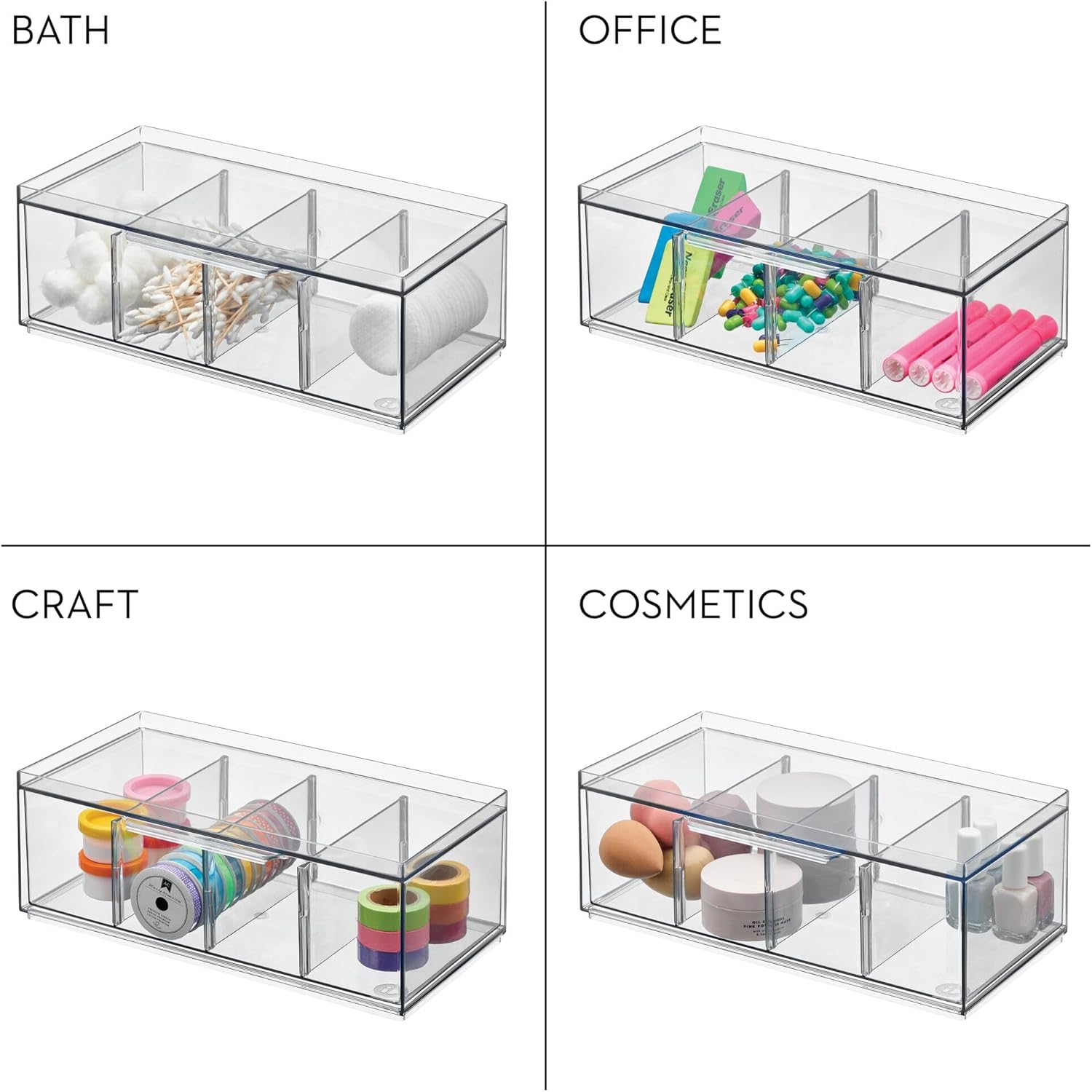 iDesign XL Tea Bag Organizer for Counter, 4-Section Clear Stackable Tea Storage Drawer for Cabinet, 2-Pack