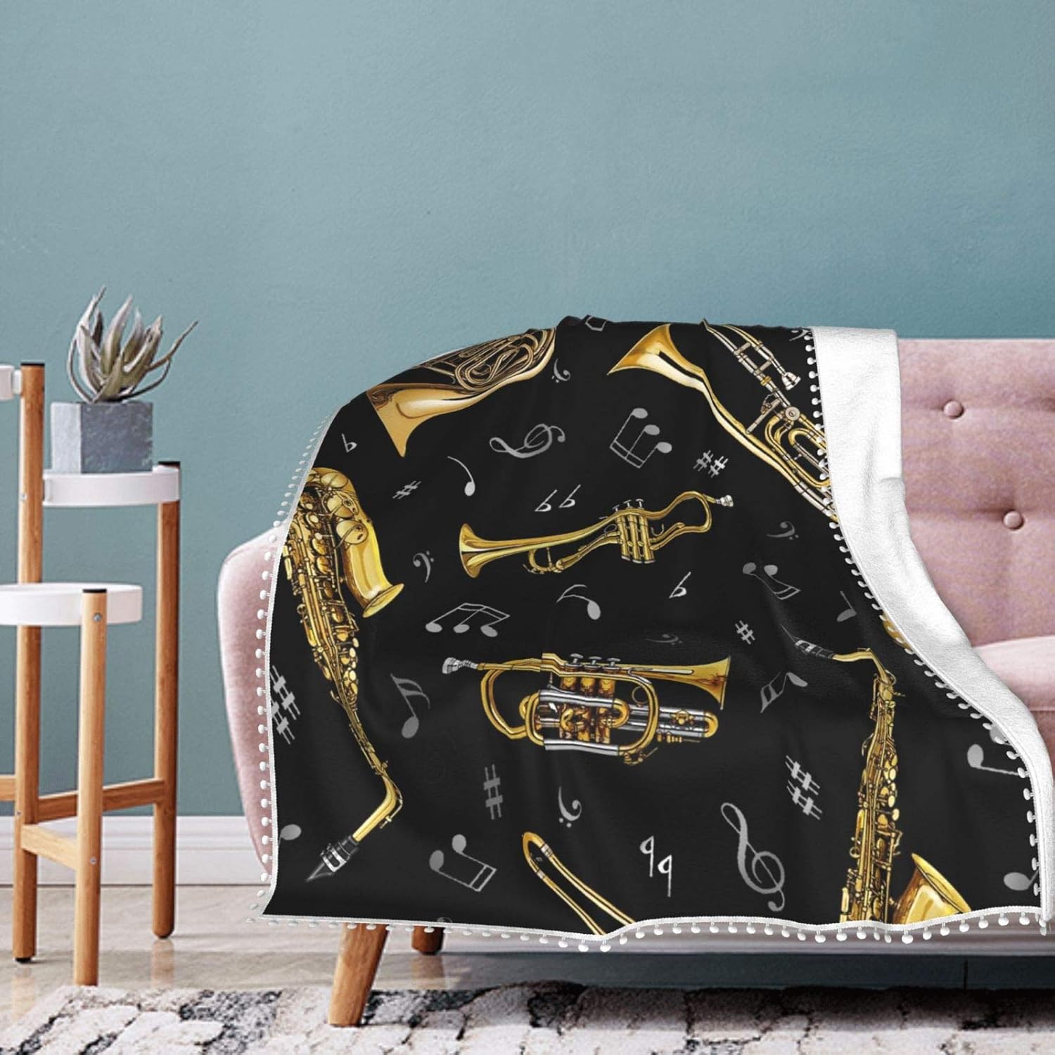 CLERO& Pompom Fringe Throw Blanket Jazz Music Instruments