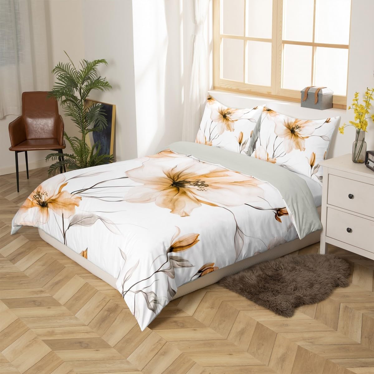 Erosebridal Champagne Floral Twin Duvet Cover, Boho Flower Bedding Set, Elegant Flower Boho Bed Set for Women Adults Girls Bedroom, Watercolor Flowers Comforter Cover with 1 Pillowcase