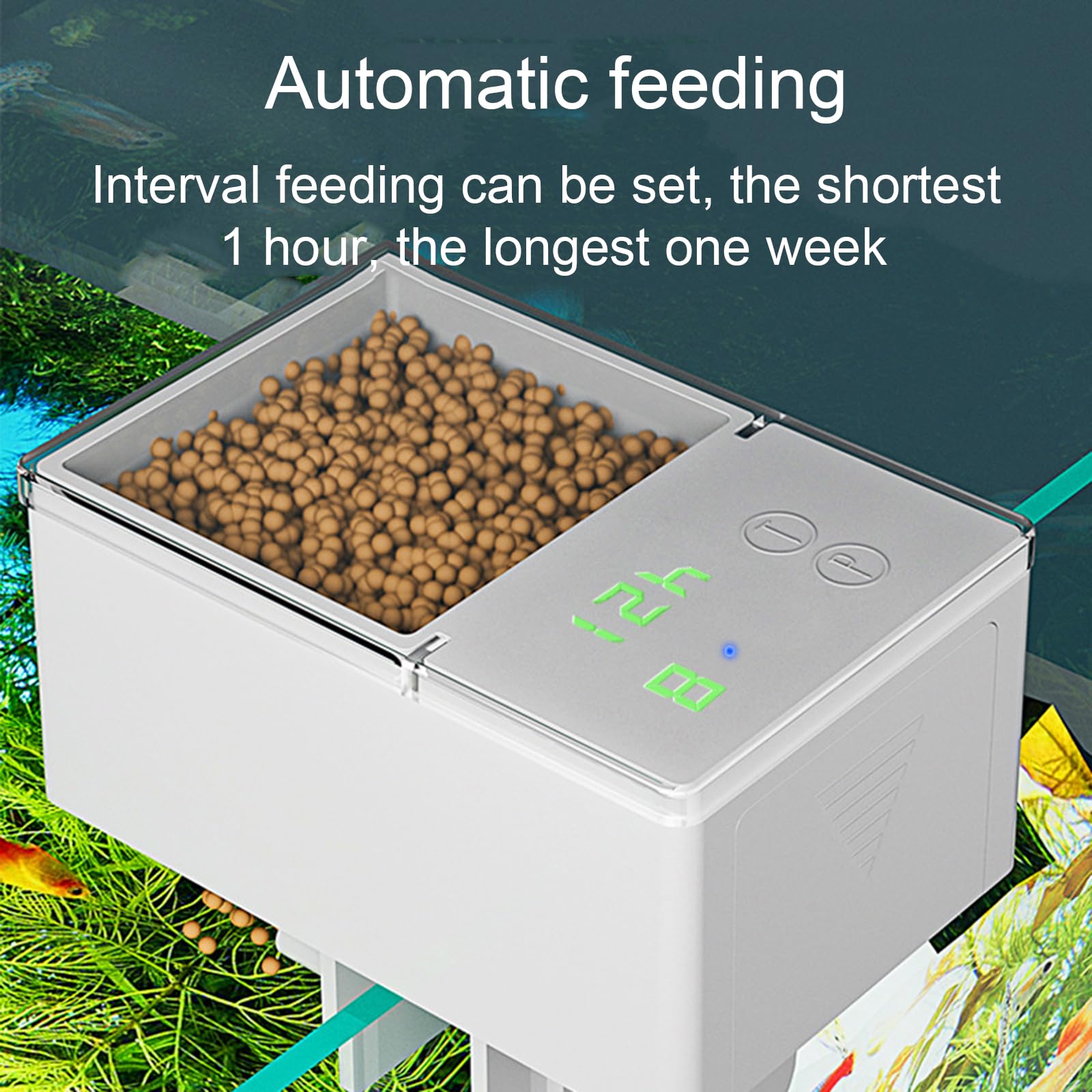 Comedero automático para peces con pantalla digital, funcionamiento silencioso y diseño portátil para alimentos granulares para peces, fácil instalación para acuarios domésticos