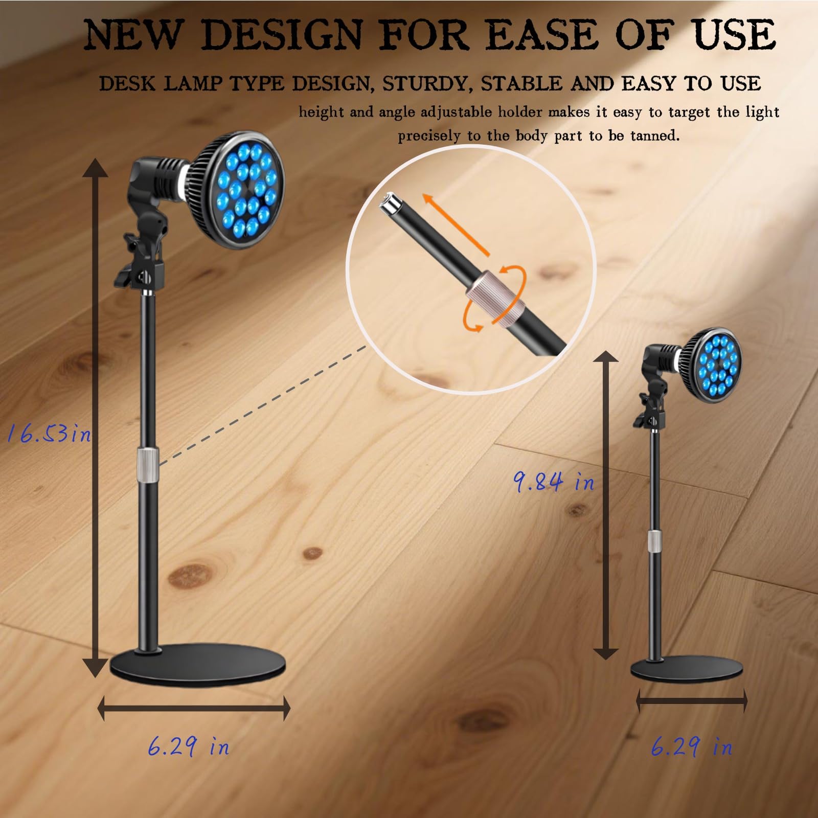 Lampada abbronzante per viso e corpo: 18 LED con terapia della luce blu da 54 W e lunghezza d'onda 460 nm, base e supporto regolabili in altezza, E27, occhiali autoabbronzanti per uso domestico