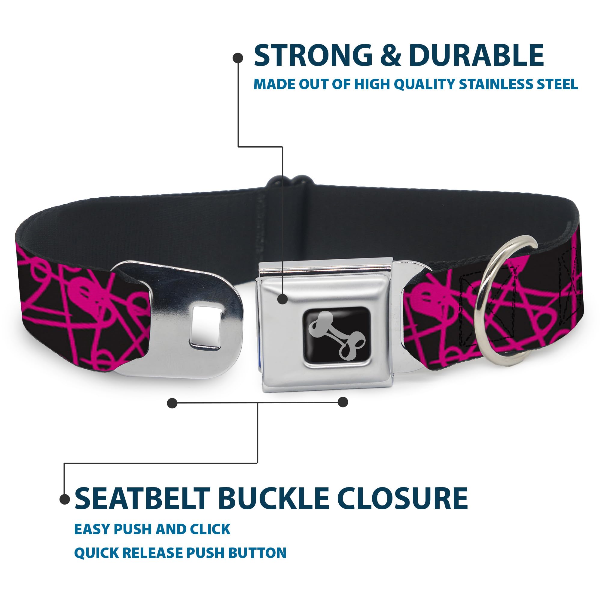Buckle-Down Klamra pasa bezpieczeństwa obroża dla psa - agrafki czarne/fuksja - szerokość 3,8 cm - pasuje na szyję 33-45 cm - S