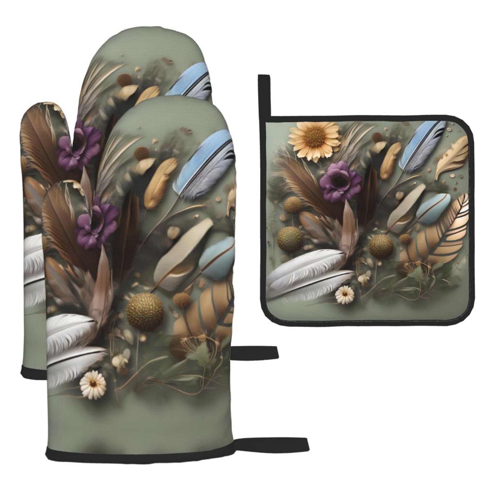 Feather flower Oven mittens and oven mitts three-piece set suitable for oven, grilling, baking, microwave and home cooking.