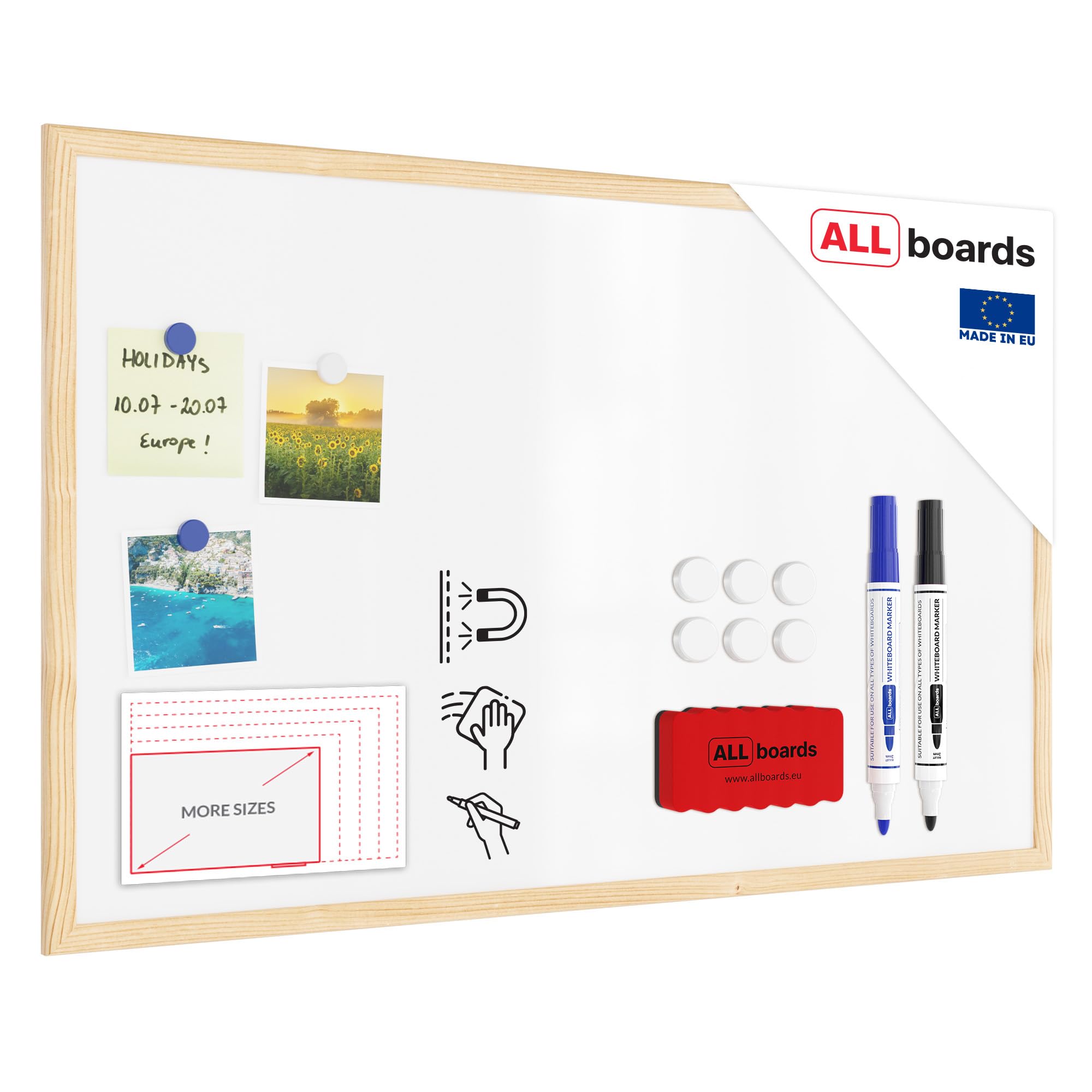 ALLboards Tableau Blanc Magnétique Effaçable à Sec 80x50cm Cadre Bois