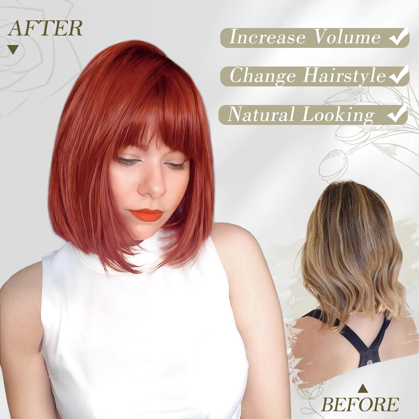 BARSDAR Courte Cuivré Bob Perruque avec Franges, Courte Bob Auburn Perruque avec Franges pour Femmes 30cm Chic Longueur Synthétiques Perruques D'aspect Naturel Fêtes Halloween Bobs Perruques