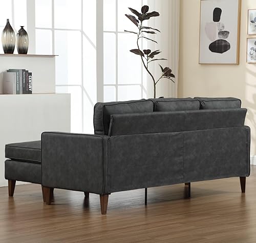 Miniatura 8 de Sofá de piel sintética en forma de L con pies de madera maciza, sofá de 3 plazas con diván reversible para apartamento, sofás seccionales para sala