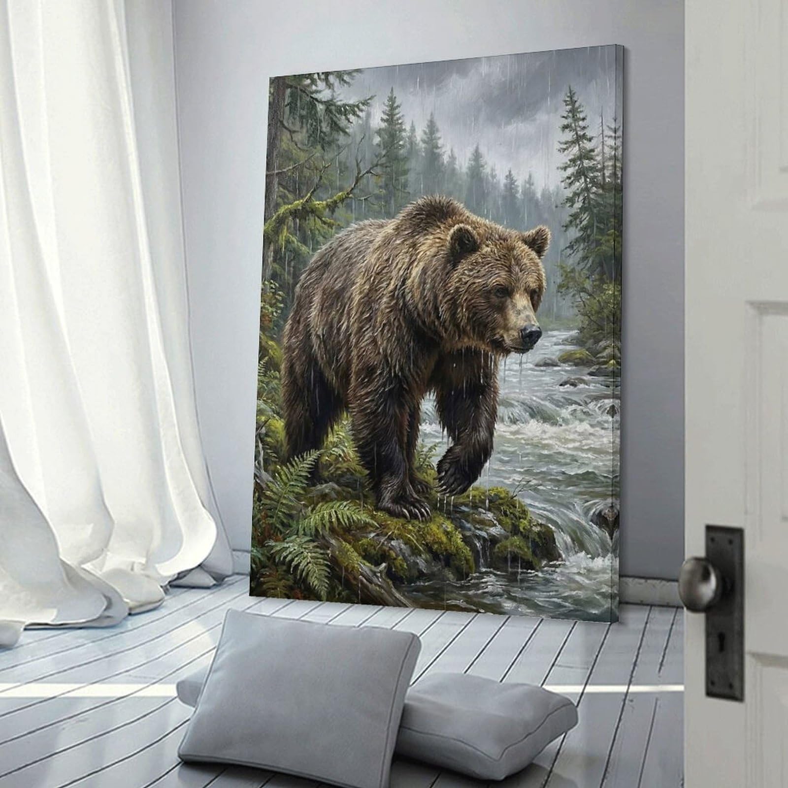 Junmoney Grizzly Bear in Rainy Forest Canvas Wall Decor, 16x24inch(40x60cm), for Art Walls, Layered Displays Or Homes, Home Wall Art for Statement Displays