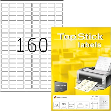 TopStick 8791 Multi-Purpose Labels, 160 Labels Per A4 Sheet, 22 x 12 mm, 16000 Labels, Self Adhesive, Mini Stickers for Laser and Inkjet Printers, White