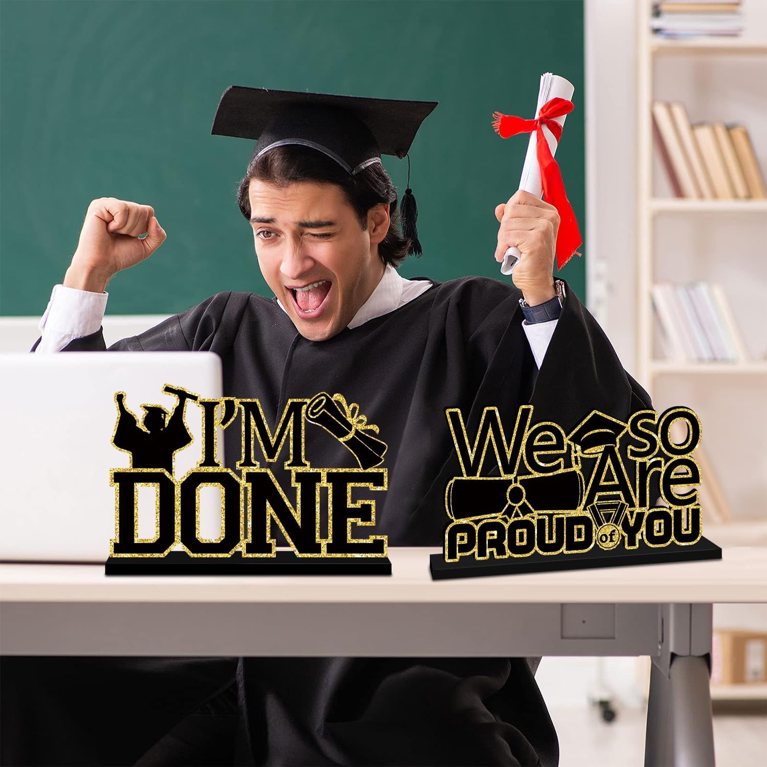 4Pcs 2026 Graduation Decorations Wooden Table Centerpiece Black and Gold Graduation Table Decorations Grad 2026 Tabletop Tiered Tray Decor for Class of 2026 Congrats Grad Party Decor Supplies