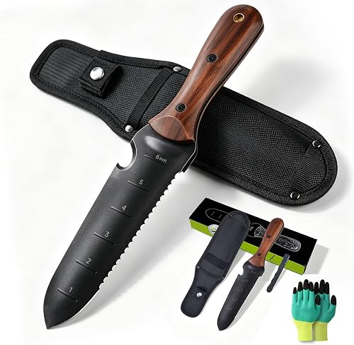 Hori Hori Garden Knife with Measuring Scale, Heat-Treated Stainless Steel Blade, Ergonomic Wood Handle, Gardening Knife with Polyester Sheath for Weeding, Planting, Digging