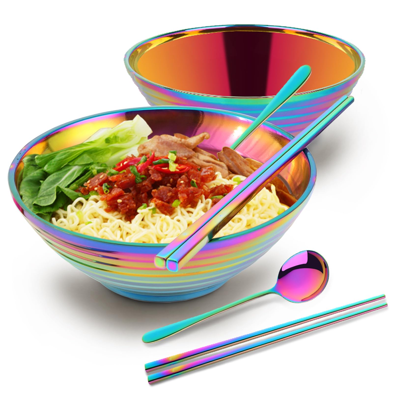 YDware 304 Stainless Steel Ramen Bowl Set of 6, Premium Non-Slip Soup Bowl with Spoon and Chopsticks, Multifunctional Cereal Bowl for Fruit, Salad, Noodle, 2 Sets (6 Pieces) Rainbow