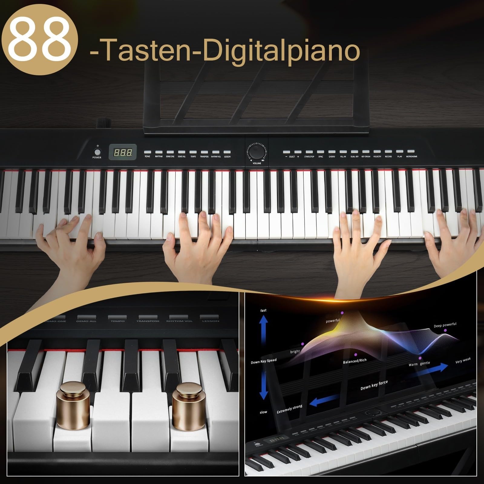 LALAHO E-Piano 88 tasti semi-ponderati, pianoforte digitale per principianti, tastiera Full Size con supporto a X doppio tubo, pedale di supporto, supporto per spartiti, cuffie, Bluetooth MIDI, nero