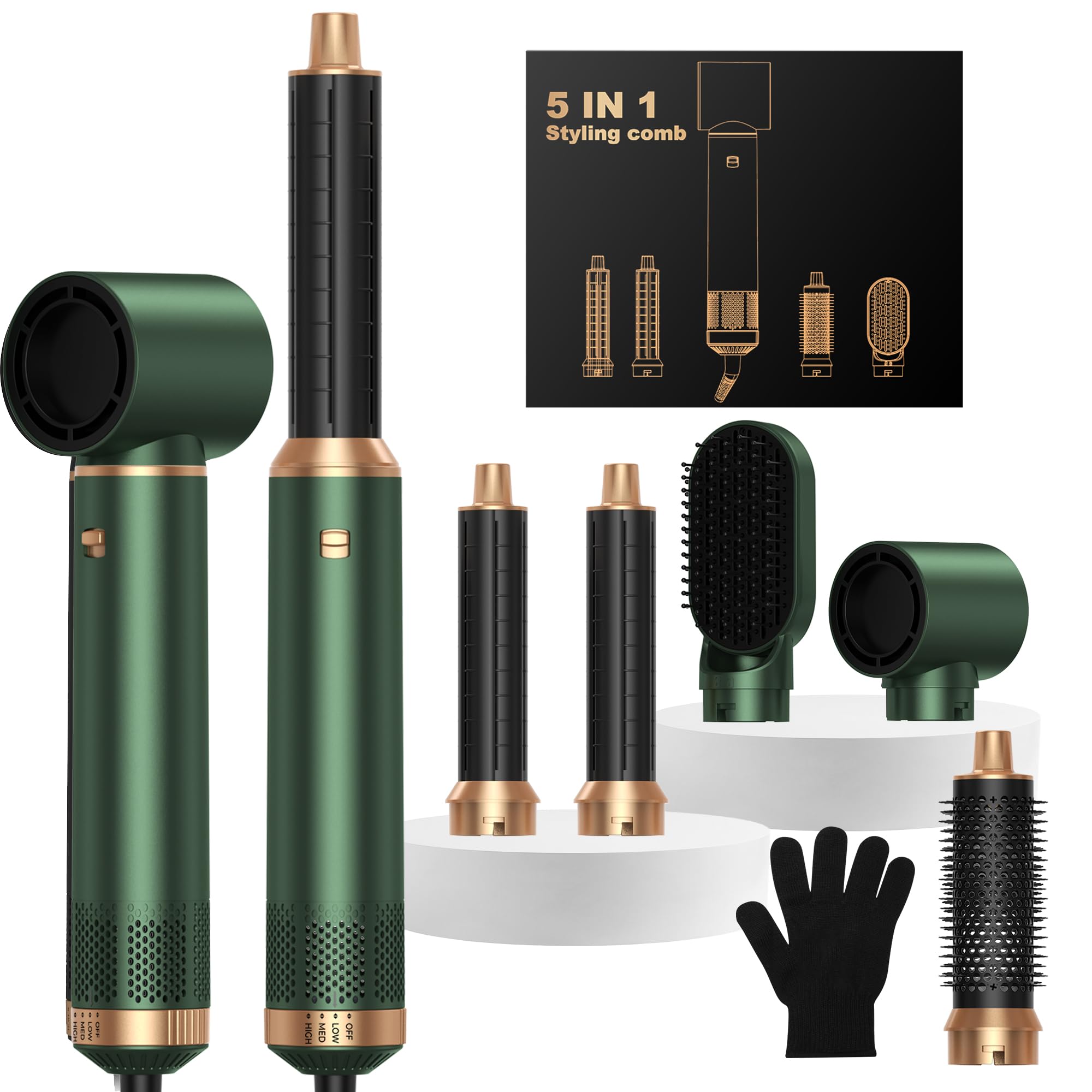 OKWRAP Secador 5 en 1 Secador Moldeador de Pelo Brochas para el peinado | 5 Cabezales Intercambiables 3 Temperaturas moldeador pelo Cepillo Secador Pelo uego de brochas para secar el cabello