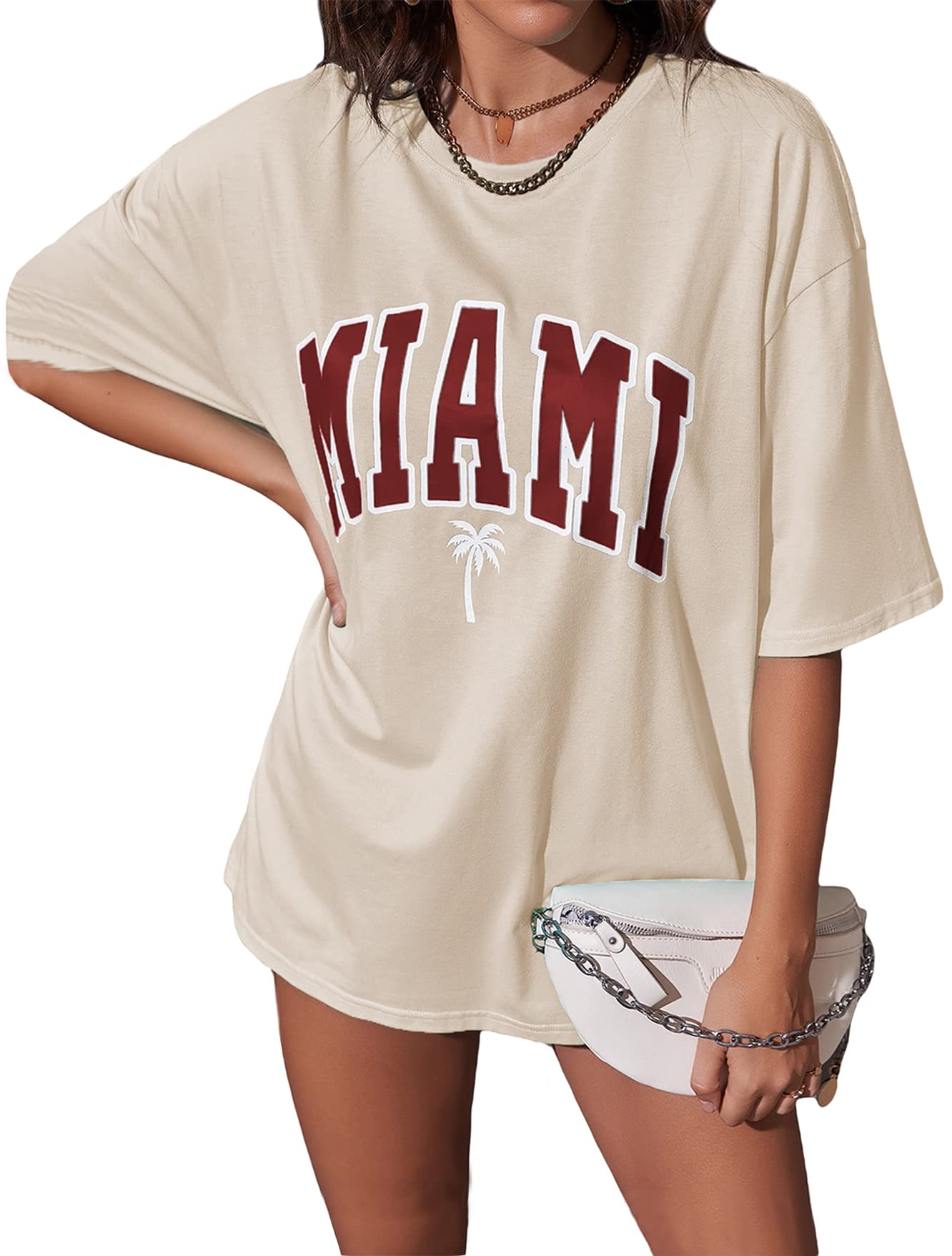 Verdusa Women's Loose Drop Shoulder Tree Miami Letter Graphic Oversized Longline Tee Shirt Tops Apricot XS