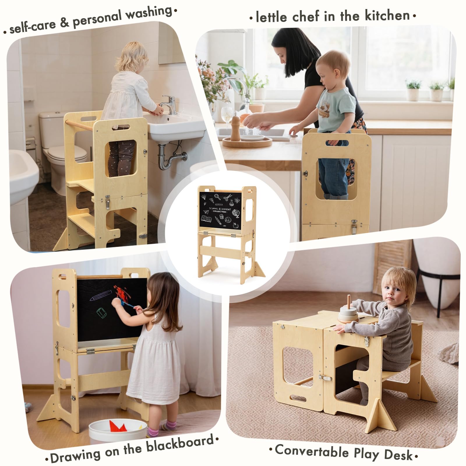 Labebe Lernturm für Kinder, Faltbarer Montessori Learning Tower, 3 in 1 Tritthocker Lernstuhl Kinderhocker mit Tafel, Montessori Küchenhelfer Lernturm ab 18 Monate (Holz)