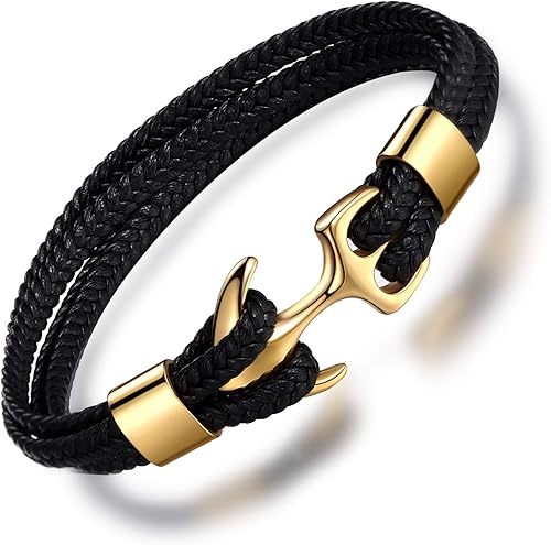 MicLee Pulsera de cuero de anclaje vintage para hombre, pulsera multicapa, pulsera de cuerda con caja de regalo