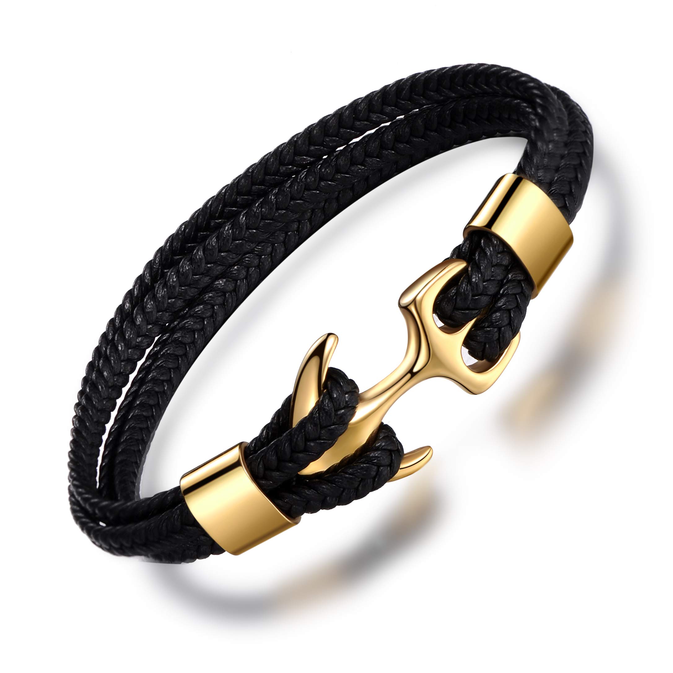MicLeeAleación Cuero Pulsera Brazalete Ancla Acero Inoxidable Negro Cuero Trenzada Brazalete con Tarjeta de Felicidacion 3D, Color de Ancla:Negro, Oro, Blanco, 20-23CM