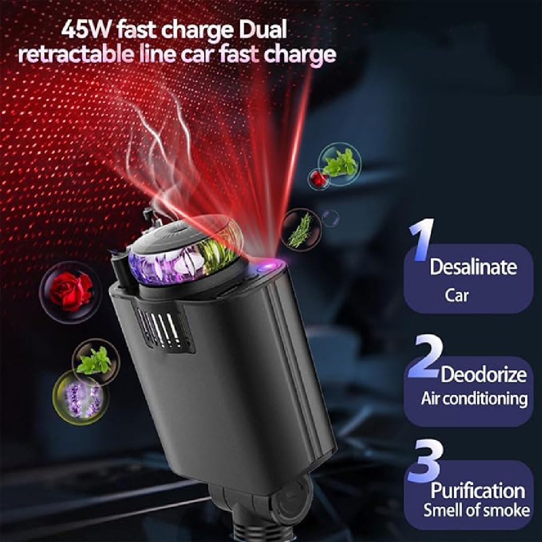 GUSHE Aroma Starlight Car Charger, Chargeur Voiture 5 en 1 USB C à Charge Ultra Rapide, Rétractable avec aromathérapie et lumière des étoiles