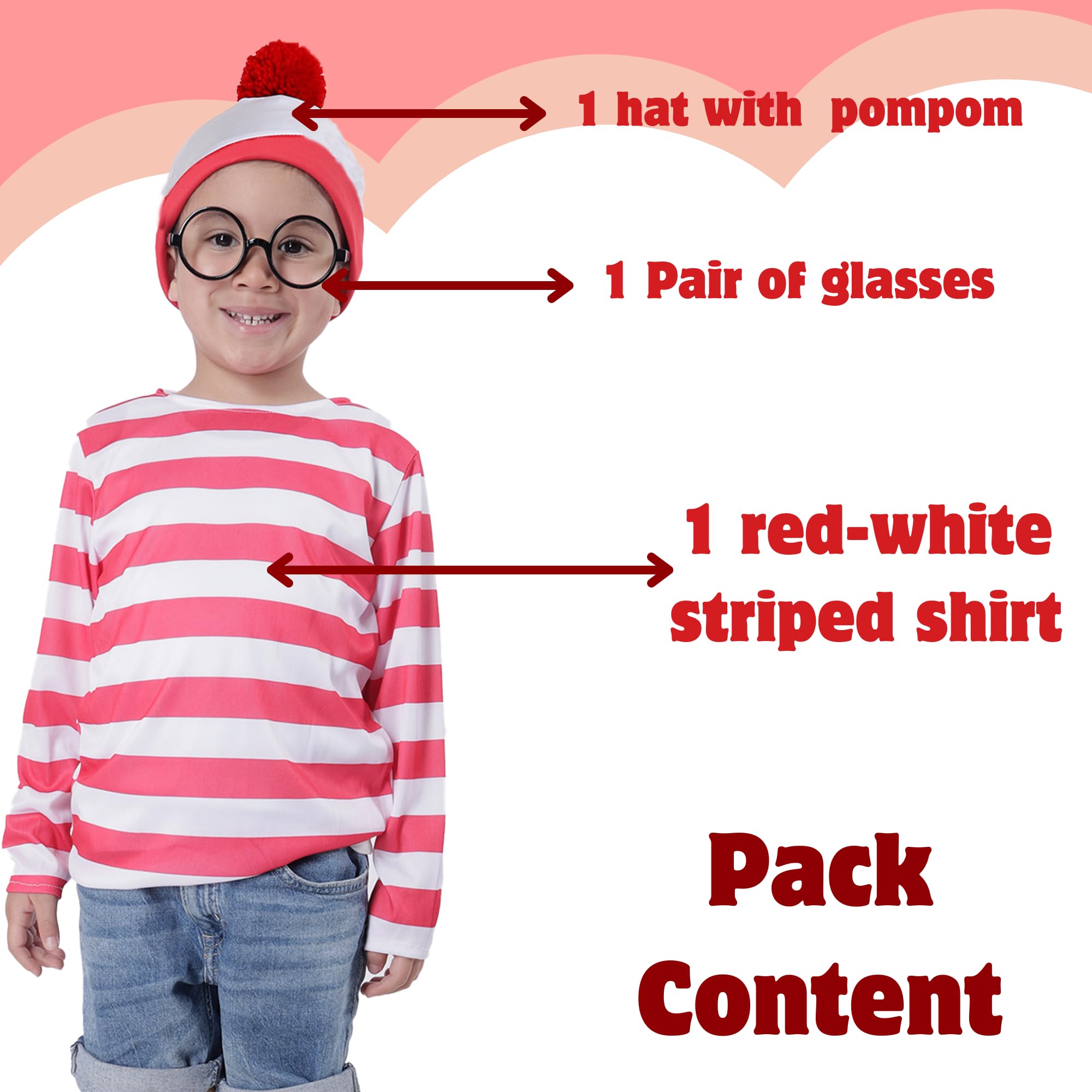 Carnavalife Wally costume with glasses and hat where this waldo costume boy girl unisex Carnival Halloween Venetian Gondola (4-6) - Image 2