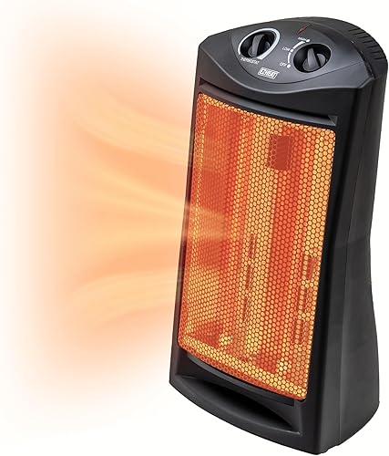 EZ-HEAT Calentador de espacio de torre de cuarzo radiante de 1,500 vatios con ajustes de calefacción duales, termostato ajustable, protección contra