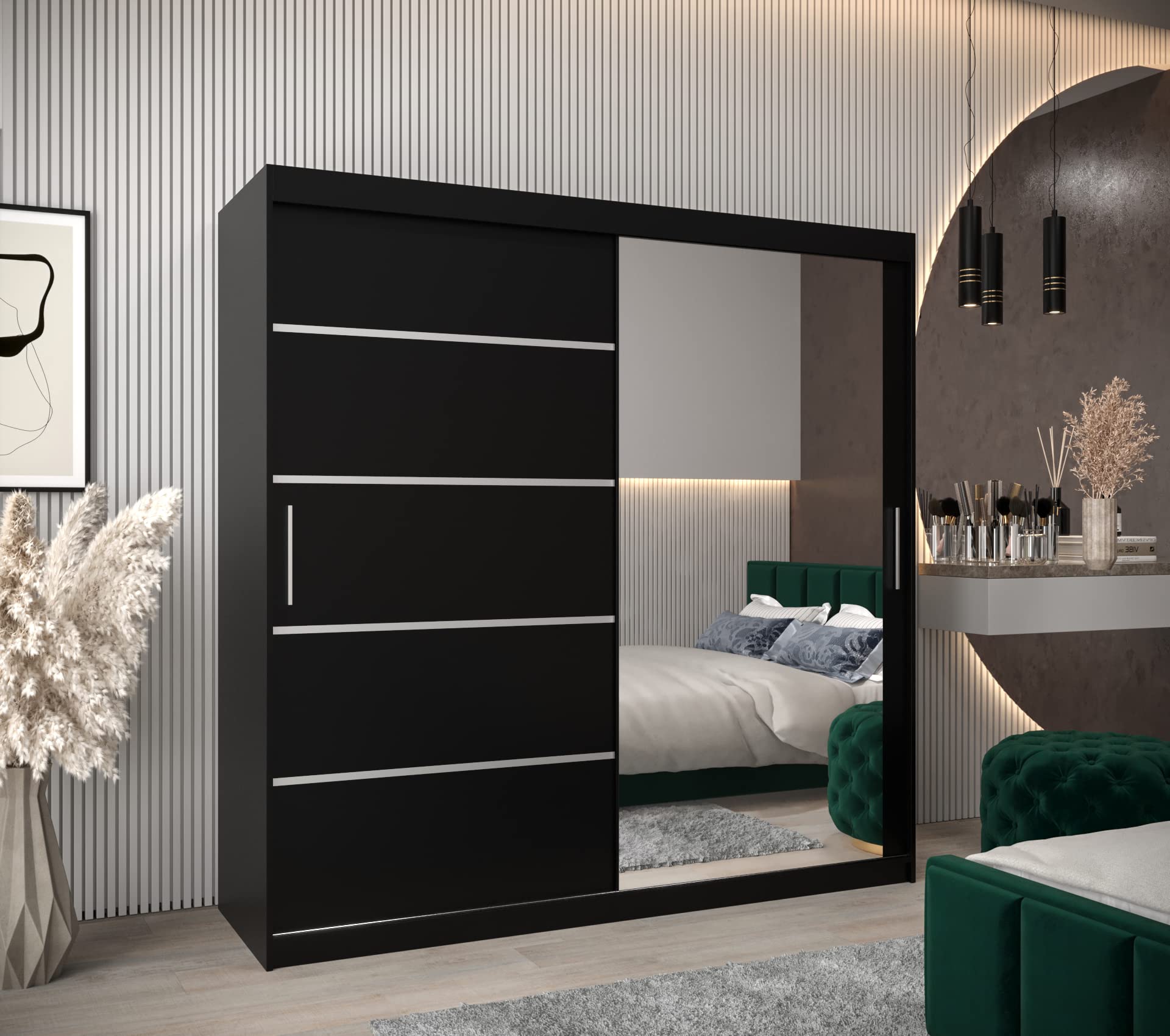 ABIKSMEBLE Verona 2 200 Armadio da Camera a Due Ante Scorrevoli - Armadio Moderno con Specchio, Barra e Ripiani - 200x200x62 cm (L x A x P) - Nero Opaco