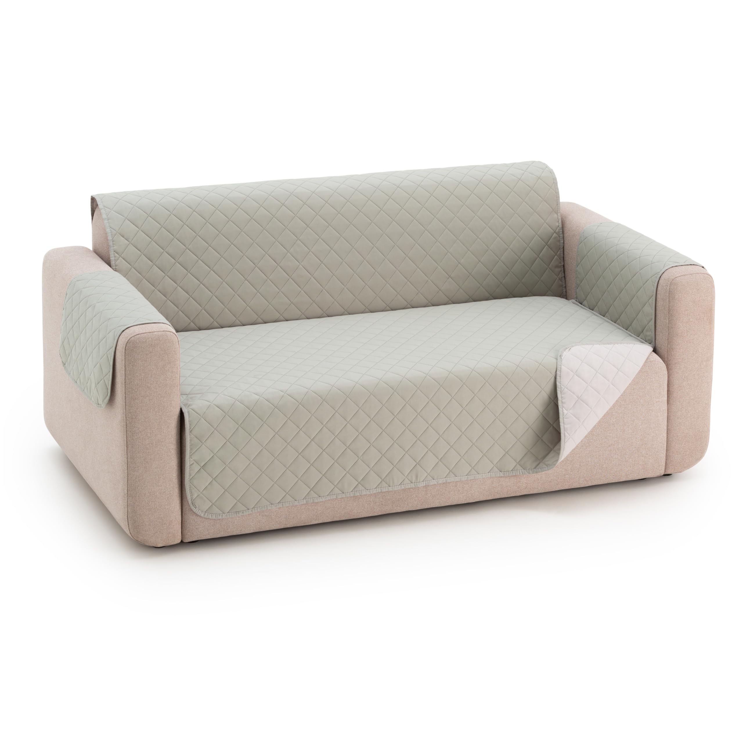 Funda Cubre Sofá Due Acolchada Reversible, 5 Plazas (240 cm) Color Verde Piedra/Marfil, Protector de Sofá Universal, Tacto Suave y Resistente, Ideal para Mascotas, Fabricada en España OEKO-TEX STANDARD 100