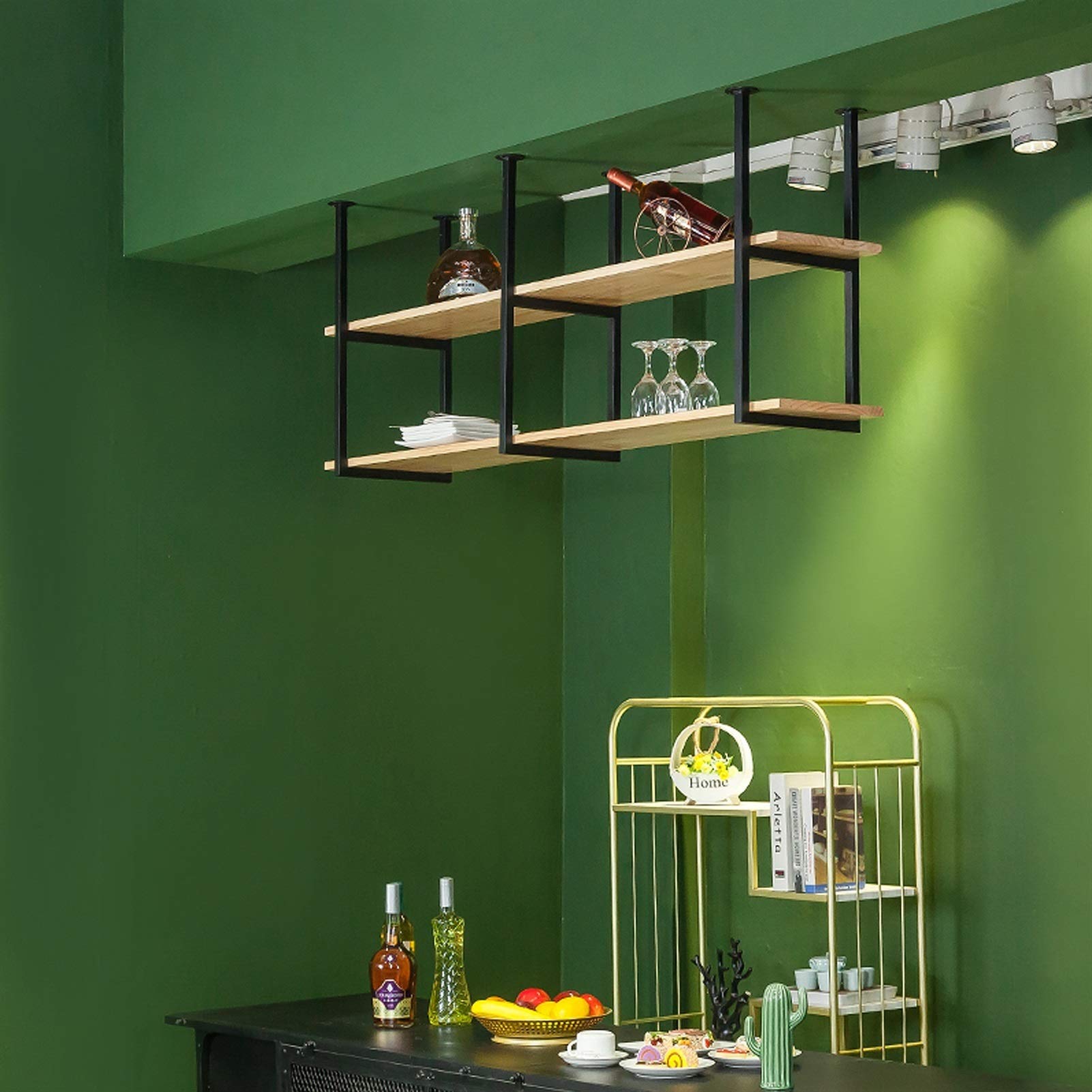 Mensola a Soffitto Mensole Galleggianti Industriali a 2 Livelli, Scaffale divisorio in Legno in Stile Europeo Mensola a Soffitto in Ferro, Installazione sospesa, per Sala da Pranzo/Bar/Cucin